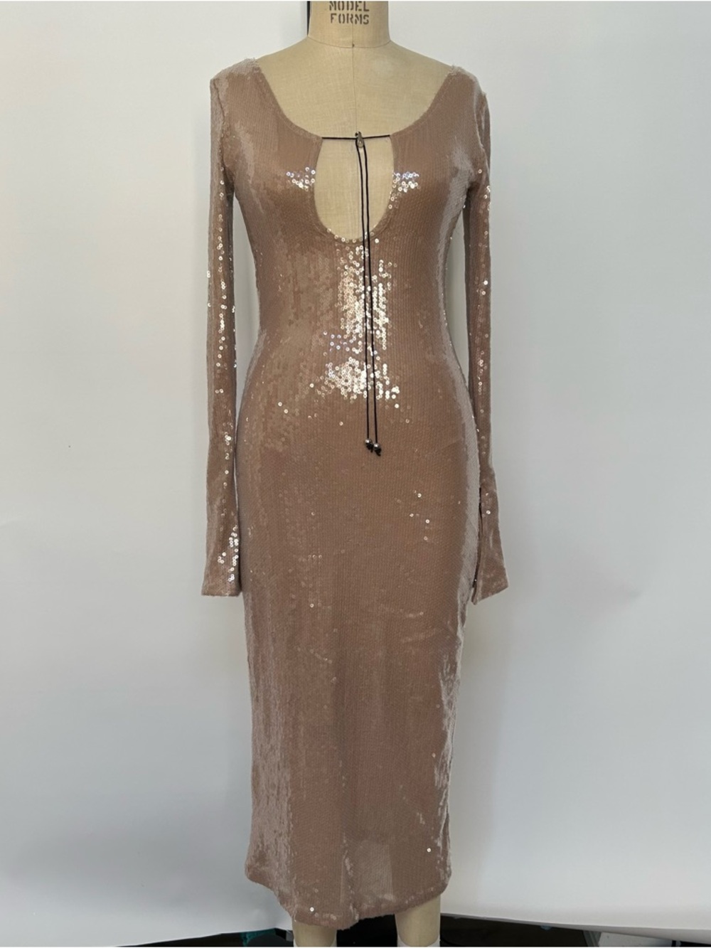 Sequin Long Sleeve Scoop Neck Midi Dress in Nude